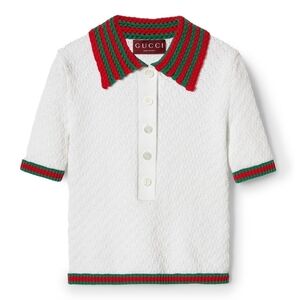 Gucci Web Stripe Cotton Blend Lace Knit Polo Top NWT